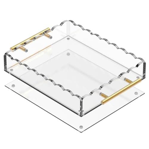 GRAHAM DESIGN 10×12 Rectangular Scalloped Acrylic Tray with Bronze Handles & Magnetic Mat – Clear Display Tray, Vanity Organizer, Anti‑Slip Decor Accent & Gift