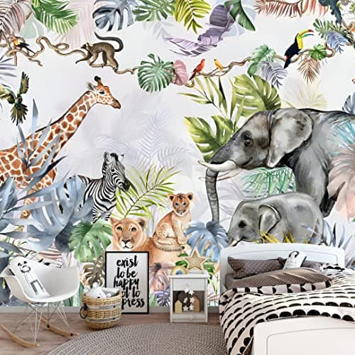 MFWFM Safari Wallpaper for Kids with Animals Jungle Wall Mural Watercolor Animals Nursery Wallpaper Children Room Decor Not Peel n Stick