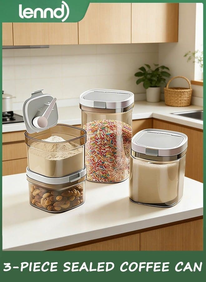 Airtight coffee jars set of three, coffee storage containers with spoon, kitchen food storage jars for coffee grounds, coffee beans, tea, sugar, flour, grains