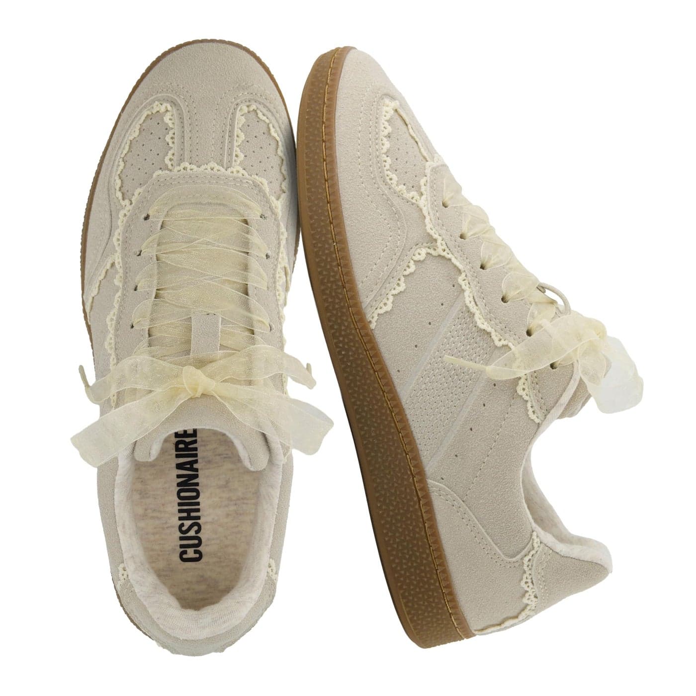 CUSHIONAIRE Belinda Womens Lace Detail Casual Sneakers Elegant Ribbon LaceUp Summer Shoes for Women with Memory Foam IVORY 75