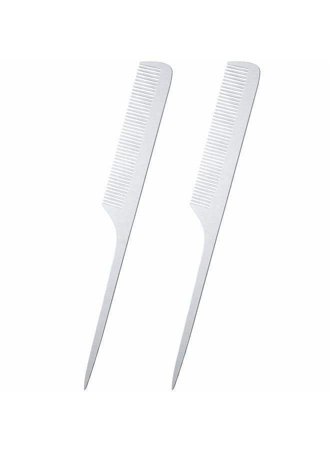 2 Pieces Metal Rat Tail Hair Styling Combs - Silver Fine Teasing Pintail Barber Combs for Cutting and Styling, Stainless Steel