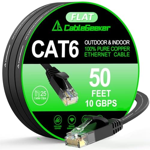 Cat 6 Ethernet Cable 50 ft, Indoor&Outdoor, High Speed 10Gbps Flat Internet Network Cable, Pure Copper Ethernet Patch Cable Long, Computer LAN Cable with Clips & Straps for Router, Modem, PS4/5, Black