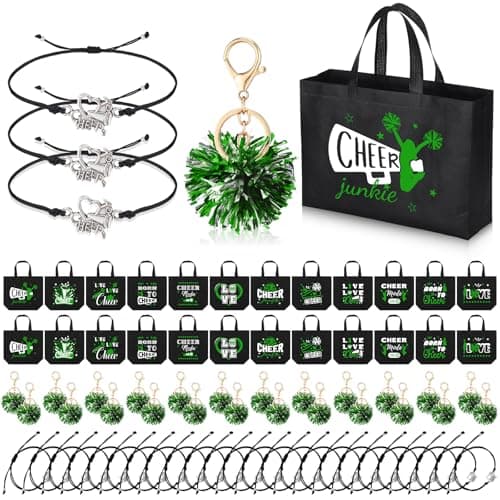 Landical 72 Pcs Green Cheerleading Gifts 24 Cheer Bags Portable 24 Pom Pom Keychain 24 Cheerleading Bracelet Canvas Makeup Bag Bulk Cheer Gifts Female Teammates Toiletries Accessories