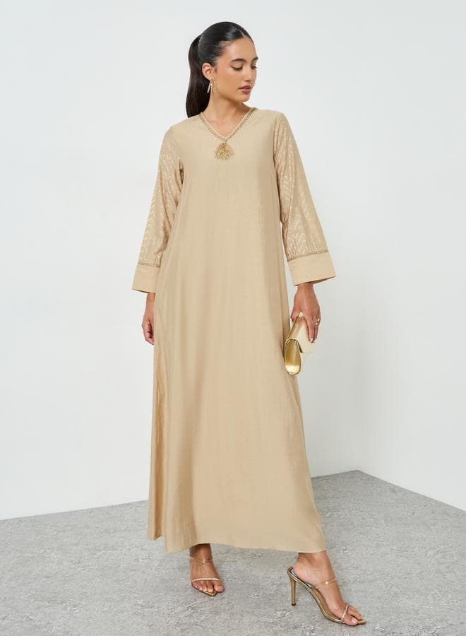 Beige Foil Print V-Neck Jalabiya