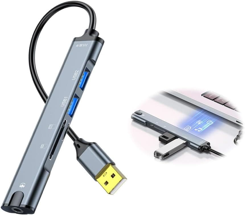 5-in-1 USB Docking Station, USB 2.0 Hub with TRRS 3.5mm Audio, TF/SD Card Reader, Multi-Function Port Adapter for Laptops, Supports TF/SD Memory Cards