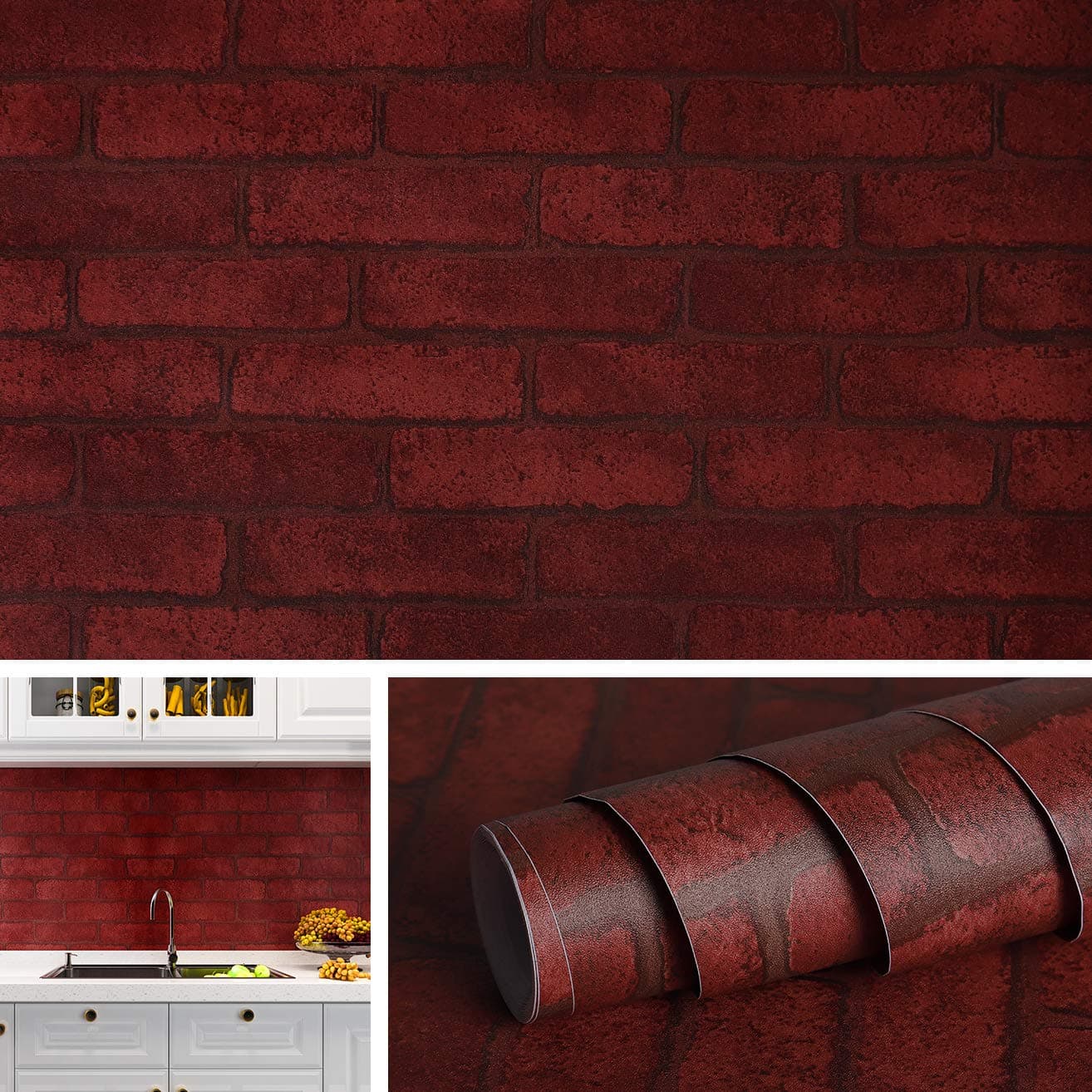 Livelynine Brick Contact Paper Red Brick Wallpaper Peel and Stick Faux Brick Wall Paper Roll Burgundy Wallpaper for Kitchen Backsplash Fireplace Walls Chimney Backdrop Christmas Vinyl Wrap 158x788