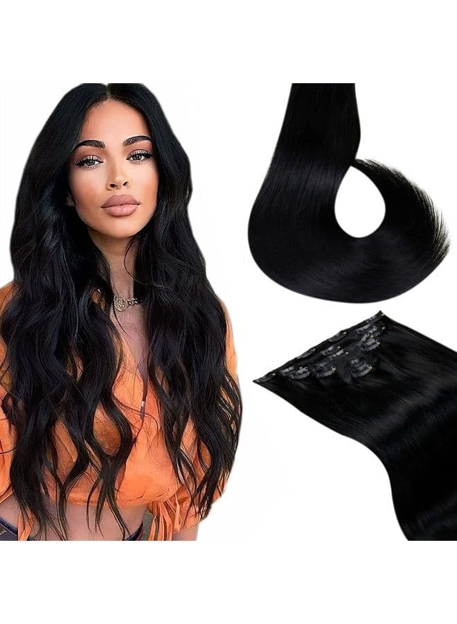 LaaVoo Black Hair Extensions Clip in Human Hair Brazilian Natural Clip in Hair Extensions Real Human Hair Jet Black for Black Women Straight Full Head Set 7pcs 120G 18 inch