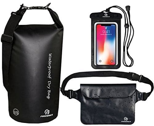 Freegrace Waterproof Dry Bags Set Of 3 Dry Bag With 2 Zip Lock Seals & Detachable Shoulder Strap, Waist Pouch & Phone Case - Can Be Submerged Into Water - For Swimming (Black, 5L)