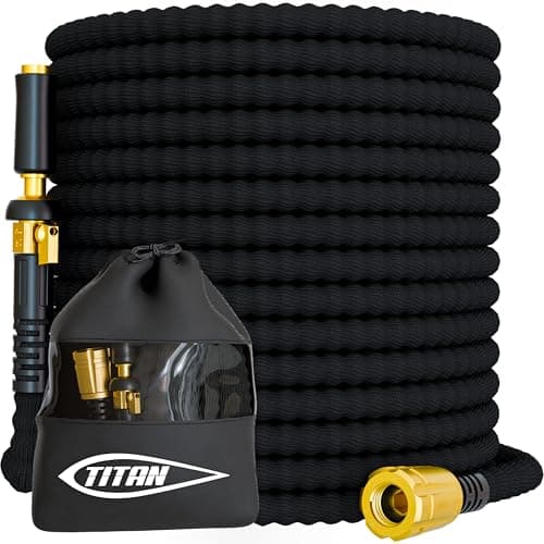 TITAN Flexible Garden Hose 65FT Ultra Lightweight Heavy Duty Water Hose with Brass Fittings Jet Nozzle KinkFree NonExpanding Durable Fabric Hose for Yard Lawn Car Wash Outdoor Use