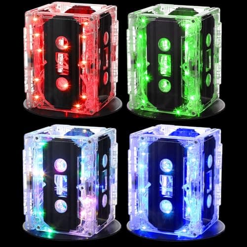 Halloscume 4 Sets 80s Party Decorations 90s Cassette Tape Bucket Centerpiece Tape Radio Boombox Birthday Party Table Neon Light Decorations for 1980 1990 Hip Hop Supplies