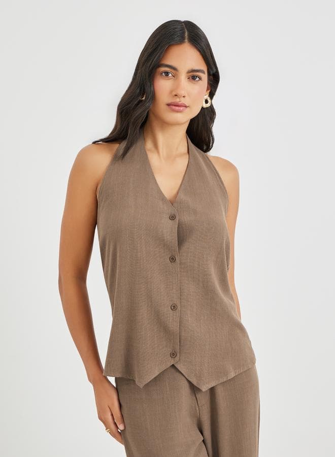 Styli Solid Halter Neck Buttoned Waistcoat