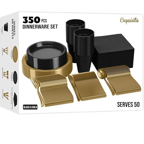 Party Solids 350 Pieces Black & Gold Plastic Plates For Party, Black & Gold Disposable Plates Set, 50 Of Each 9" Dinner Plate Set, 7" Dessert Plate, Cups, Napkins & Cutlery Plastic Dinnerware