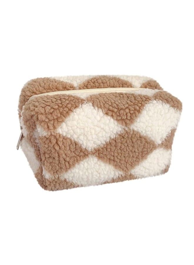 Checkered Makeup Bag, Checkered Plush Cosmetic Bag, Asthetic Plaid Handbags, Cute Zipper Large Travel Toiletry Bag, Soft Storage Pouch Pencil Case Fluffy Fuzzy Makeup Bag for Women Girls, Khaki,