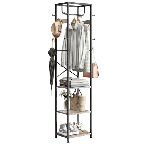 ELYKEN Coat Rack Freestanding, Hall Tree with 3 Storage Shelves and 12 Hooks, Industrial Clothes Rack Stand Organizer for Bedroom, Hallway, Entryway, Office, Living Room, Greige