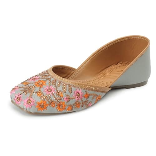 XE Looks Women's Grey Embroidered Juttis | Traditional Punjabi Juttis with Intricate Floral Design | Cushioned Footbed for Comfort | Stylish & Lightweight Punjabi Juttis for Girls & Women