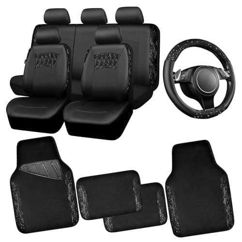 CAR PASS Universal Black Leather Lace Car Seat Covers Full Set for Women GirlsWaterproof Car Floor Mats CarpetGlitter Steering Wheel Cover for Cars Accessories Interior Sets Black