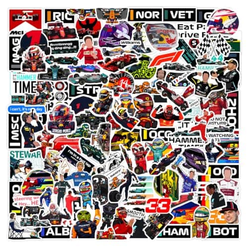 CodersParadise - Pack of 120 F1 Formula One Racing Vinyl Stickers for Laptop, Journal, Diary, Guitar, Mobile Case - Waterproof Residue Free Multicolor Stickers - 3 Inches for Metal, Glass