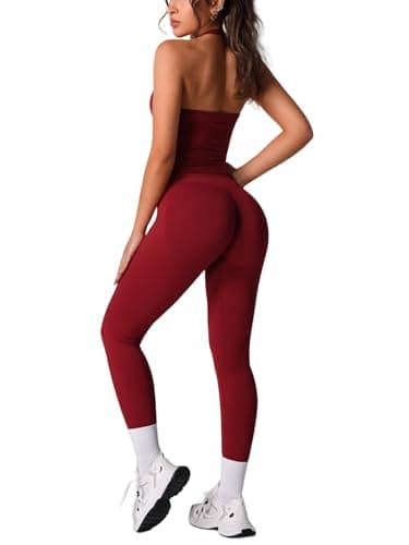 ABOCIW Workout Sets for Women Seamless Scrunch Butt Lifting High Waist Gym Leggings Halter Longline Sports Bra Yoga Exercise 2 Piece Outfits Longline Red Small