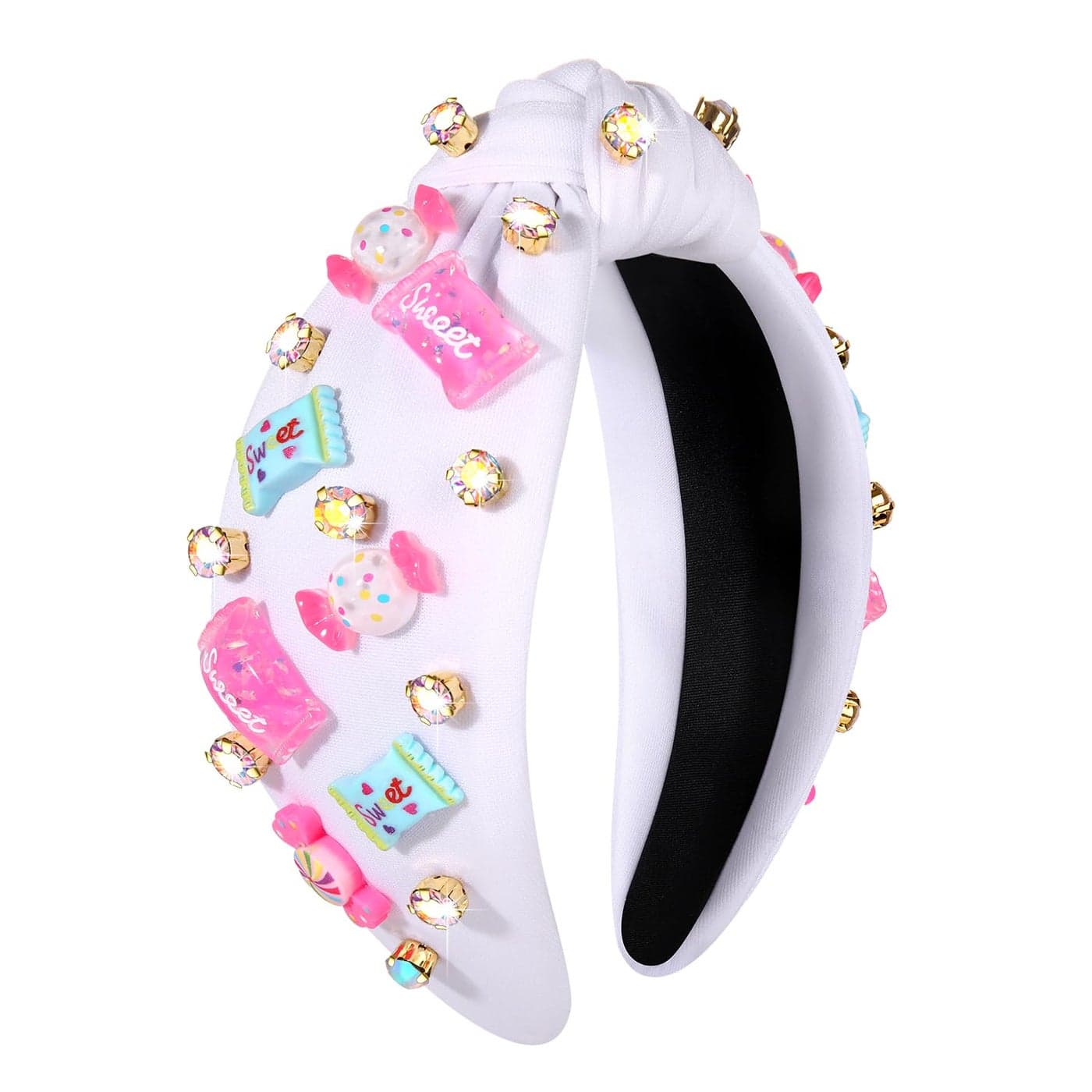 Knotted Headband for Women Lollipop Candy Charms Crystal Jeweled Embellished Top Knot Hairband Statement Wide Turban Hair Hoop Funny Gifts for Girls Sister Birthday Xmas Holiday Party