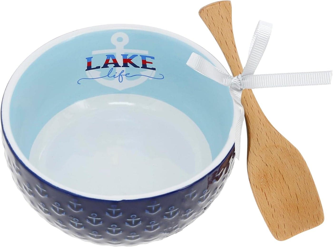 Pavilion Gift Company Lake Life 11oz 45 Bowl and Beech Spoon Set Lakeside Cottage Water Waterfront Nautical Stoneware Home Decor Housewarming Summer Kitchenware Serveware