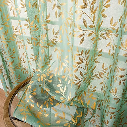 Sutuo Home Green Sheer Curtains 84 Inch Length 2 Panels Set, Gold Foil Print Metallic Bronzing Leaves, Privacy Voile Window Treatment Decor Drape Pair for Bedroom Nursery Room 52" W x 84" L