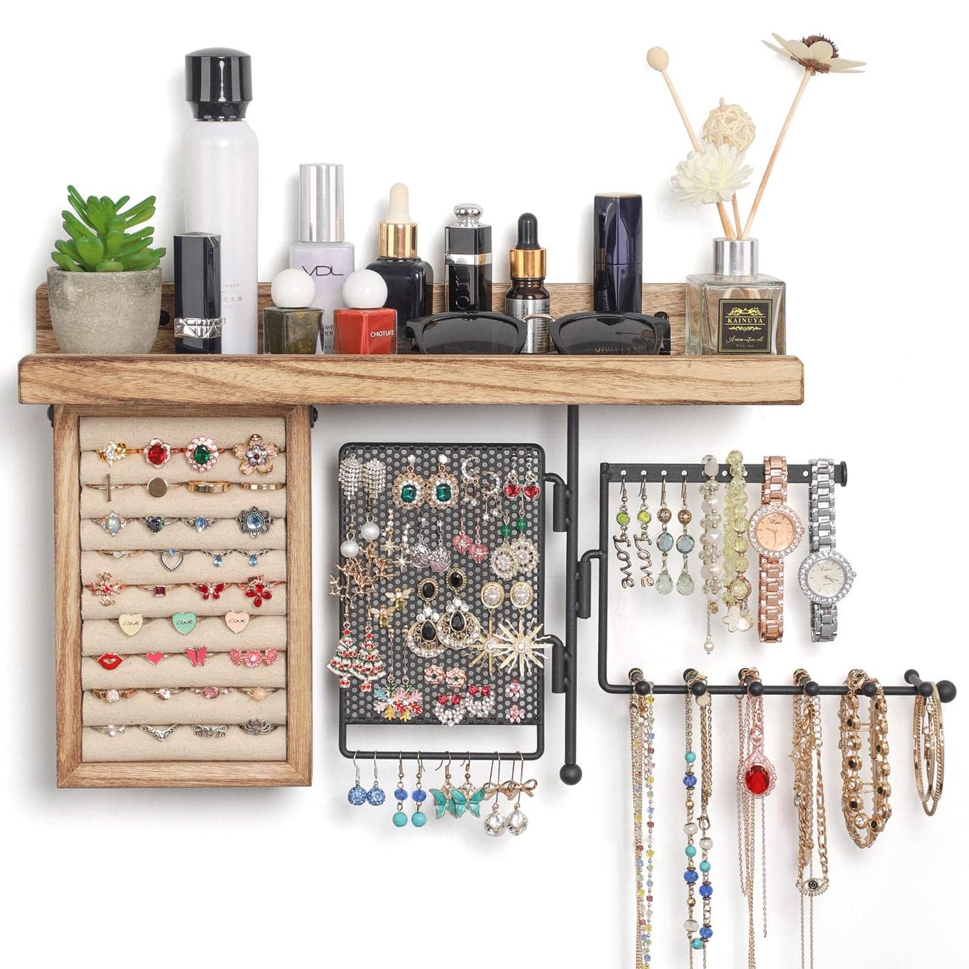 SOLIMINTR Hanging Jewelry Organizer Wall Mount with Rustic Wood Shelf Ring Display Box Ear Studs Earring Holder Rotating Necklace Holder Organizer