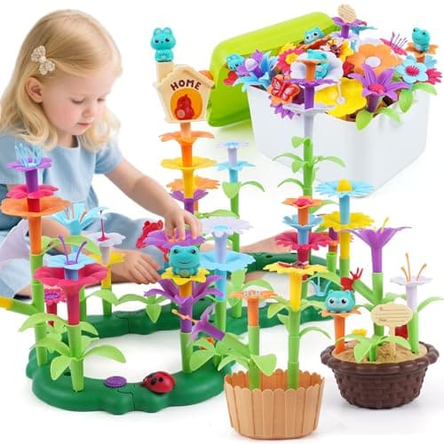 QPOU Flower Garden Building Toy for Toddler Birthday Gifts for Preschool Kids Age 35 57 Years Old Educational STEM Set with 140 Pieces Girls Stacking Pretend Play Gardening Kit
