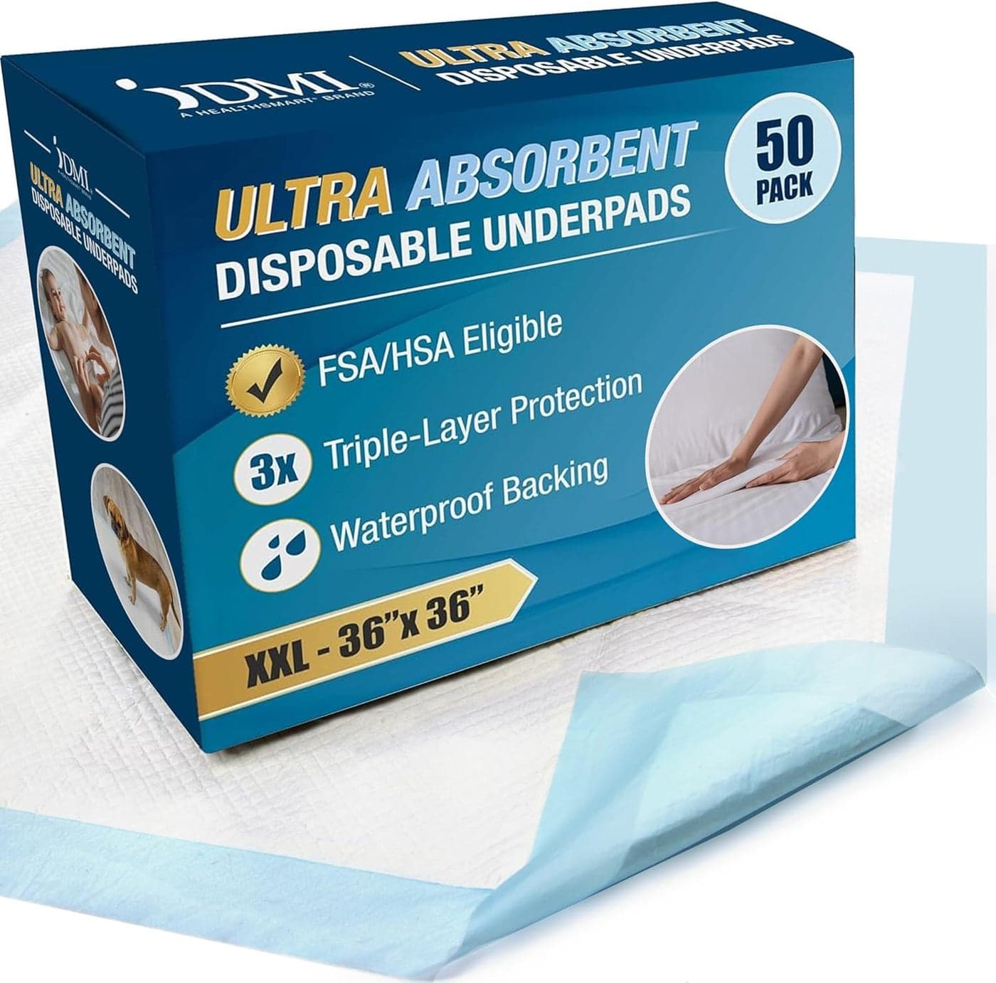 DMI Extra Large 36x36 Incontinence Bed Pads, FSA/HSA, 50 Pack Absorbent Chucks Pads Disposable Adult, Bed Pads Disposable Adult Chux Pads, Bed Liner & Pee Pad, Underpads, Pee Pads for Adults