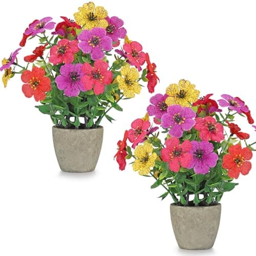 2 Pack Small Fake Plants Potted Artificial Plants Artificial Flowers Potted Faux Flower Daisy with Eucalyptus Leaves for Home Decor Office Room Farmhouse Indoor Table Bathroom Decor colorful