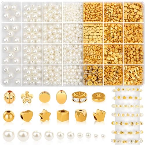 1352 Piece Gold Spacer and Pearl Beads for Bracelets, Assorted Gold and Pearl Beads for Jewelry Making