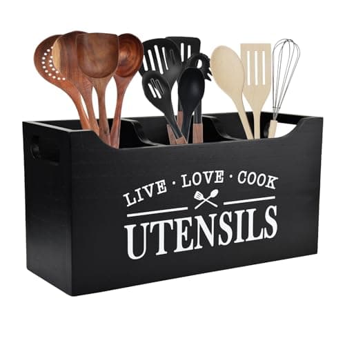 Karisky Kitchen Utensil Holder with Drainage Bottom, Large 3 Compartments Solid Real Wood Utensil Organizer for Kitchen Counter, Farmhouse Cooking Tools Storage for Countertop, Black