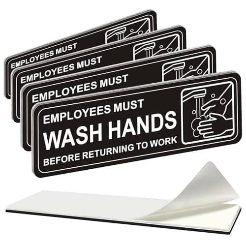 i-CowFun (4 Pack) Premium Self-adhesive Employees Must Wash Hands Sign, 9" x 3" Durable Acrylic Hand Washing Signs with Symbols, for Business, Restaurant, Salons, Hotel, Motel, Rest Stops, Public Restrooms