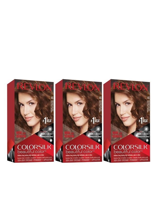Revlon Permanent Hair Color, Permanent Hair Dye, Colorsilk with 100% Gray Coverage, Ammonia-Free, Keratin and Amino Acids, 46 Medium Golden Chestnut Brown, 4.4 Oz (Pack of 3)