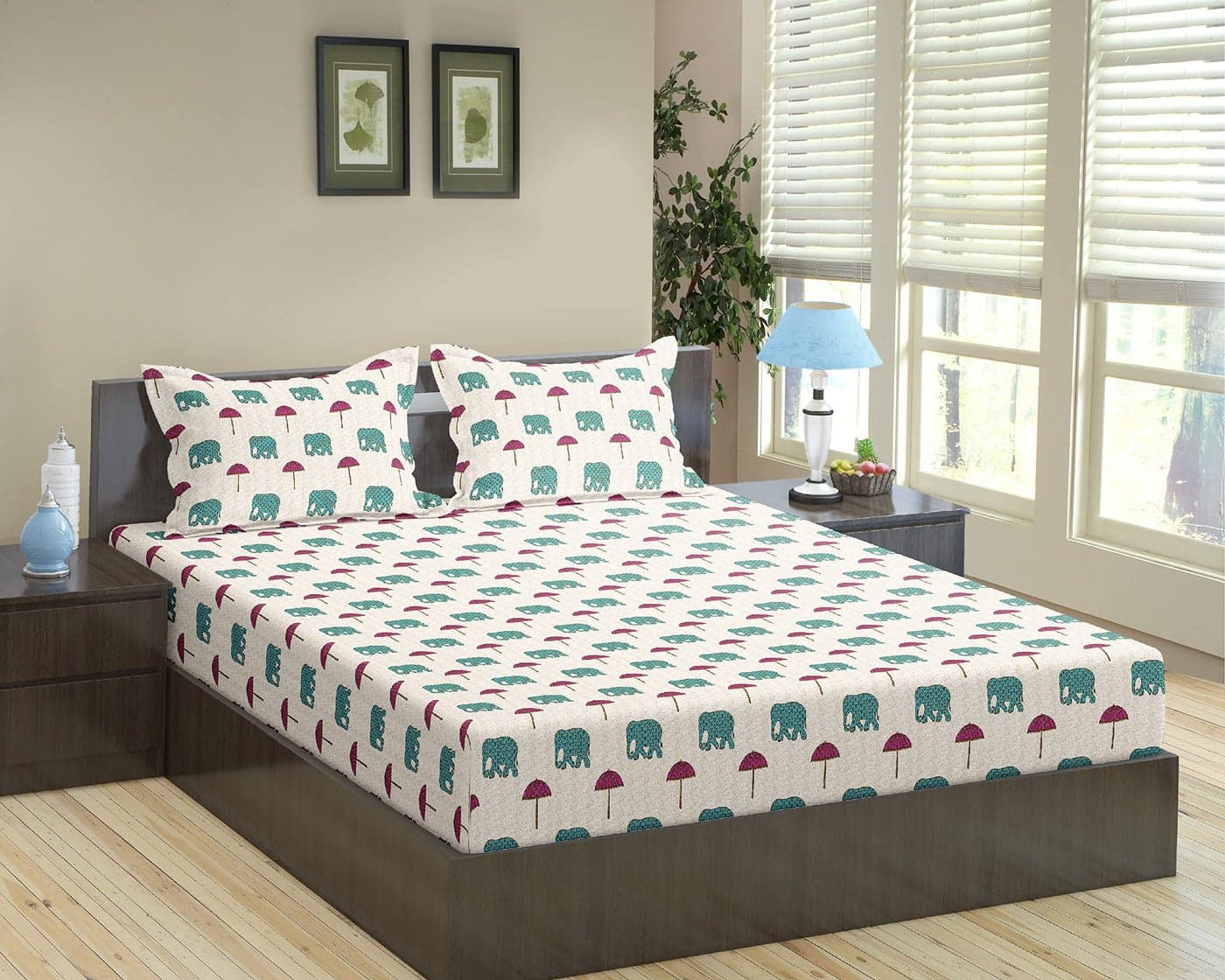 Trance Home Linen 180TC 100% Cotton 72"X60" Double Bed Size Elastic Fitted Bedsheet cotton with 180 Thread Count|Printed Double Size Bed Elasticated Fitted Bedspread With 2 Pillow Covers (Ambari Teal)