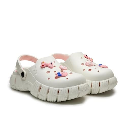 ASIAN INDIGO-10 Stylish Women Clogs | Ultra-Light, Breathable & Comfortable Slip-Ons with Cute 3D Stickers White Pink (WHTPINK) -UK 5