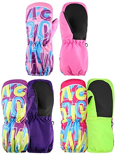 3 Pairs Kids Thicken Snow Mitten Winter Gloves Waterproof Warm Ski Mitten Toddler Boys Girls (Fluorescent Green, Pink, Purple,3-6 Years)