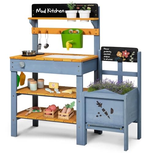 Frogprin Mud Kitchen with Planter Box Outdoor Play Pretend Kitchen with Stoves Removable Sink Faucet Blackboard Cooking Accessories Gardening Tools Set Wooden Kids Kitchen for Boys Girls 38