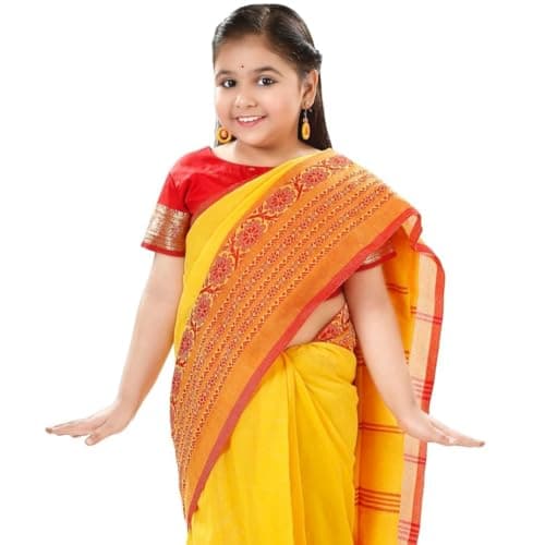 dB DESH BIDESH Girls Pure Cotton Saree Red Yellow Soft Handloom Kids Saree Traditional Ethnic Wear Saree for Kid Set 5–10 Years