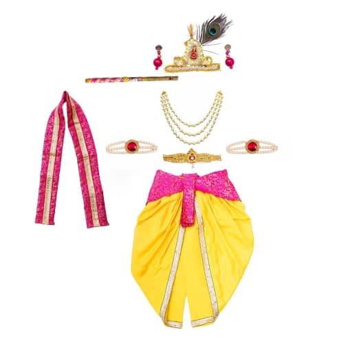 ITSMYCOSTUME Krishna Dress for Baby Boy Kids Set of 10(Dhoti,Patka,Hip Cover,Mukut,Morpankh,Bansuri,Kamarband,Bajuband,Kundal) Little Krishna Ji Kanha Janmasthmi Costume for Kids(Pink Yellow)