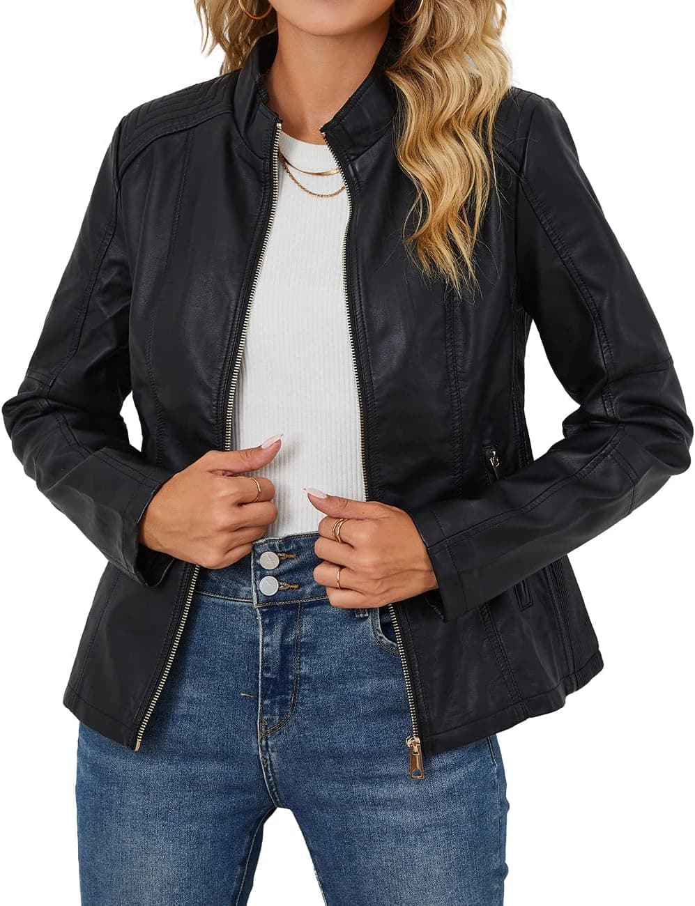 Bellivera Women's Faux Leather Moto Jacket - Slim Fit, Black, XL