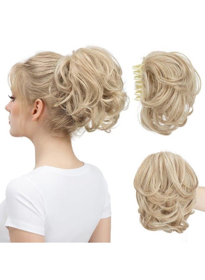 Claw Clip Short Ponytail Messy Bun Hair Piece Bendable Hair Branch Extensions Fluffy Wavy Curly Synthetic Versatile Sunny Blonde Hairpieces