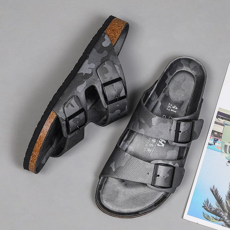 Beach Cork Slippers Men'S And Women'S Fashionable Outer Wear Double Buckle Couple'S Ultra Fiber Fashionable Casual Sandals