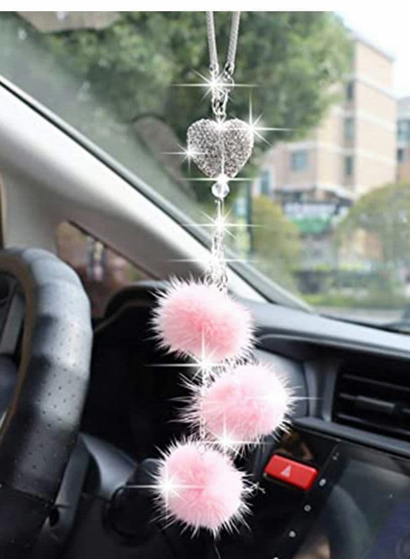 Bling Car Mirror Accessories For Women And Men Love Heart Pink Plush Ball Rinestones Diamond Crystal Rear View Charms Lucky Hanging