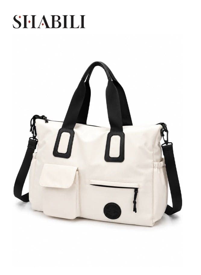 Women Canvas Sports Bag Tourist Bag Tote Large‑Capacity Multi‑Pocket Stitching Shoulder Bag, Ladies Crossbody Handbag Cross Bags Satchel for Teen Youth Daily Casual Travel Party Work Carryall (White)