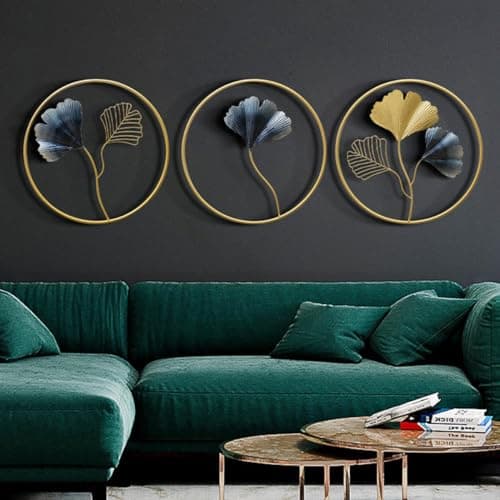 DeWoGift Ginkgo Leaf Round Metal Wall Art Set of 3 | Elegant Decorative Wall Hanging for Living Room Bedroom Office Hotel or Restaurant | Durable Handcrafted Sculpture for Modern Home Decoration