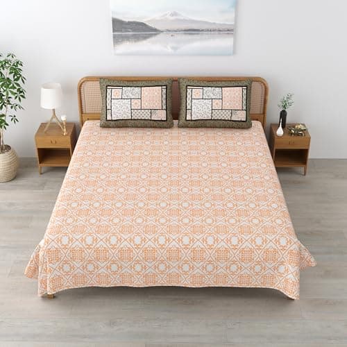 Mafatlal Sanskriti Pure Cotton Bedsheet for Double Bed King Size | 90 x 108 Inches | 144 TC | Jaipuri Handblock Chadar | Soft & Durable Fabric | Dusky Peach