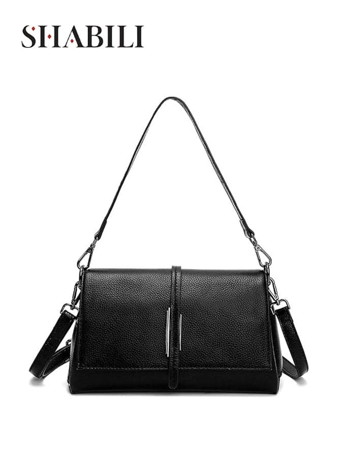 Women's PU Multi Pocket Crossbody Bag, Ladies Adjustable Strap Shoulder Bag Handbag Satchel Bag Messenger Bag with Magnetic Flap and Back Zipper Pocket, for Daily Commuting Work Travel (Black)