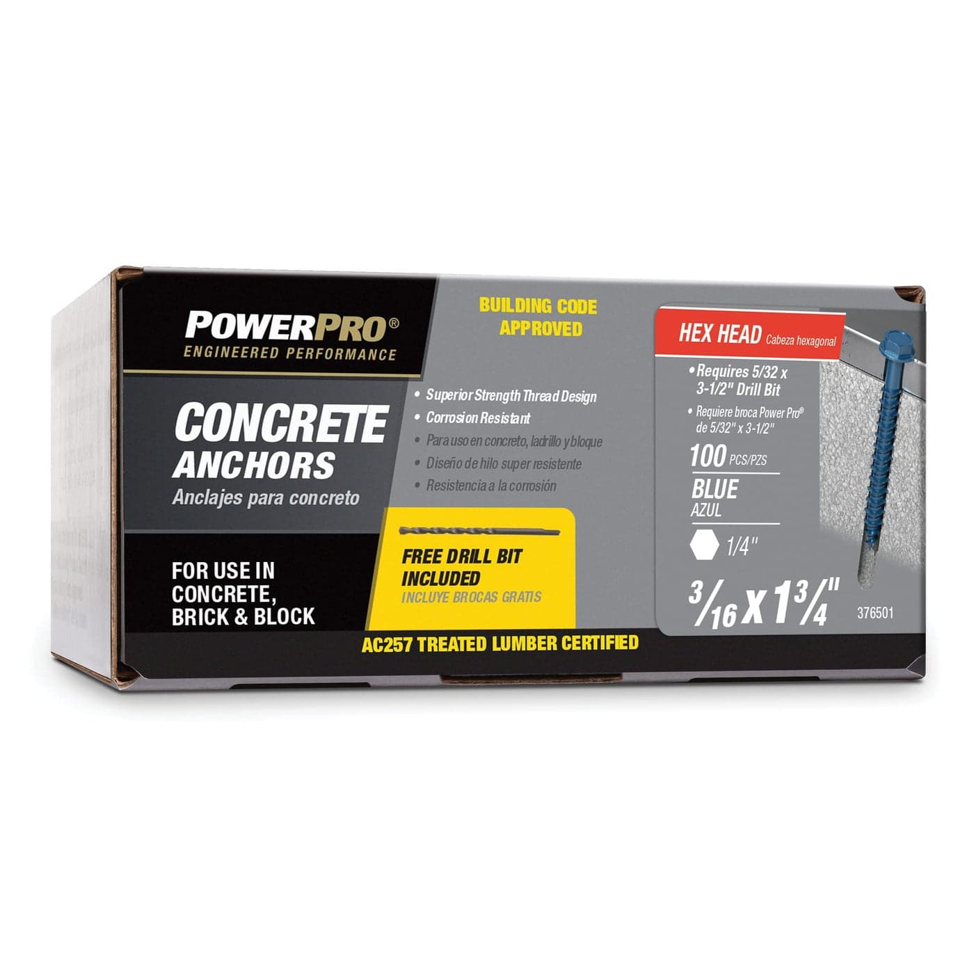 Power Pro Blue Hex WasherHead Concrete Screw Anchors 316 x 134 100 pc