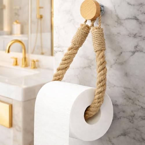 CHIBRO Toilet Roll Hanger for Bathroom | Wall Mounted Bamboo & Rope Tissue Holder | Eco-Friendly Rustic Roll Dispenser | Natural Look Toilet Paper Holder for Home Decor (Thick Rope)