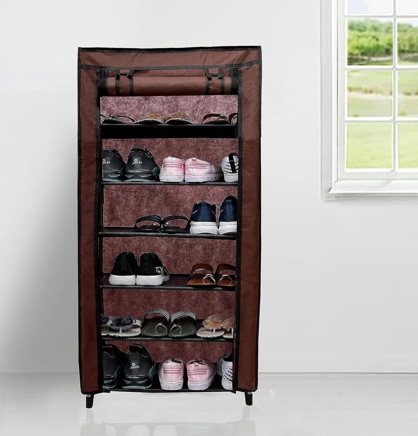 PHILOSHOP Multipurpose Collepsible 6 Layer Metal Shoe Rack Collepsible WardrobeShoe Cabinet with Adjustable Shelves Shoe Rack for Home Office Brown Metal